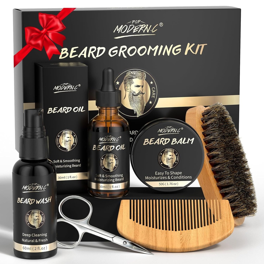 POP MODERN.C Beard Grooming Kit 6pcs Beard Wash Šampūns Beard Oil Beard Balm Beard Comb Sukas Šķēres