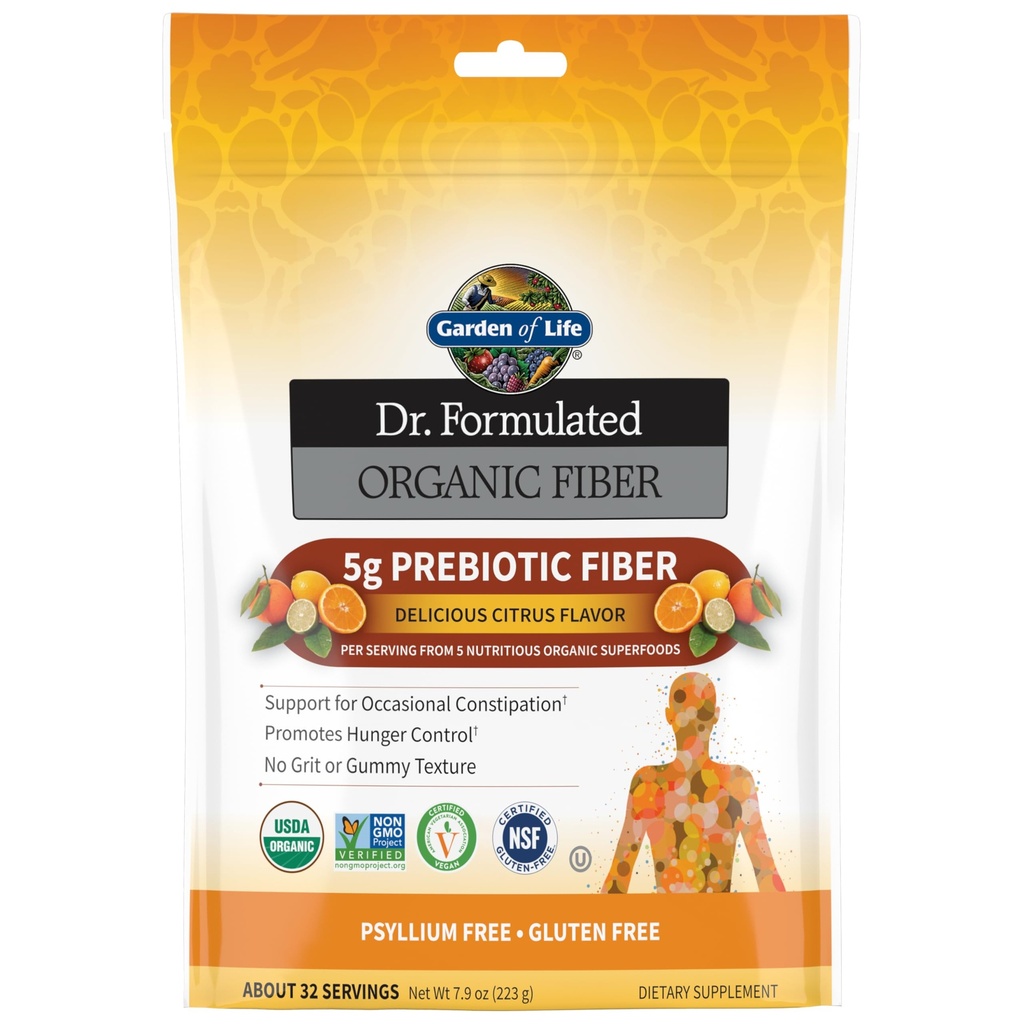Dzīvības dārzs Dr Formulated Organic Fiber papildinājums pulveris Citrus, bez cukura, bez Psyllium Superfoods, aizcietējums atvieglojumu un bada kontrole vīriešiem un sievietēm, 32 Kalpo