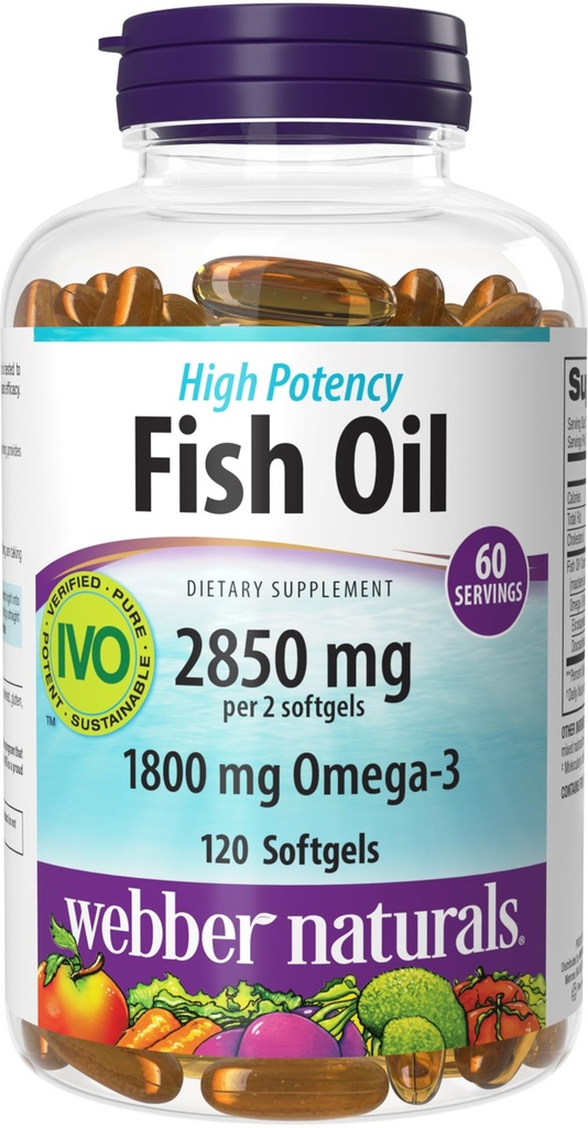 Webber Naturals Zivju eļļa 2850 mg, augstas potences, 1800 mg Omega 3 uz vienu apkalpo, 120 Clear Enteric Softgels, Nav Zivju Aftaste, Ultra-Attīrīta, Atbalsta Sirds, Kognitīvā, un locītavu veselība
