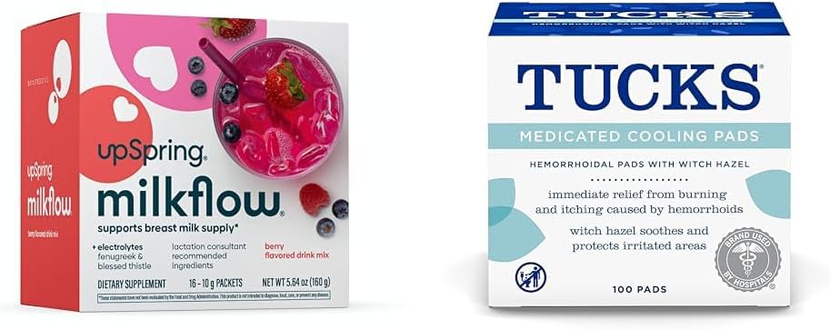 UpSpring Milkflow Electrolyte Zīdīšanas Pielikums Dzēriens Maisījums ar grieķu sierāboliņu -- Berry Flavor - 16 Dzērienu maisījumi + TUCKS Ārstnieciskā dzesēšana Pads, 100 Skaits