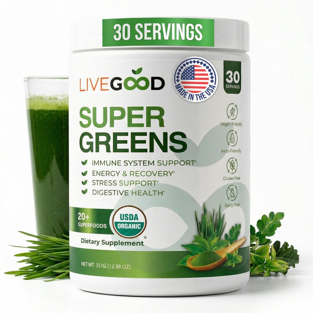 LiveGood Super Greens pulveris Organisks Superfood ar kviešu zāles pulveris, ikdienas Superfood pulveris imūno atbalstu, enerģija un detox, zaļās sulas pulvera papildinājums (30 Serves), 12.38 Oz