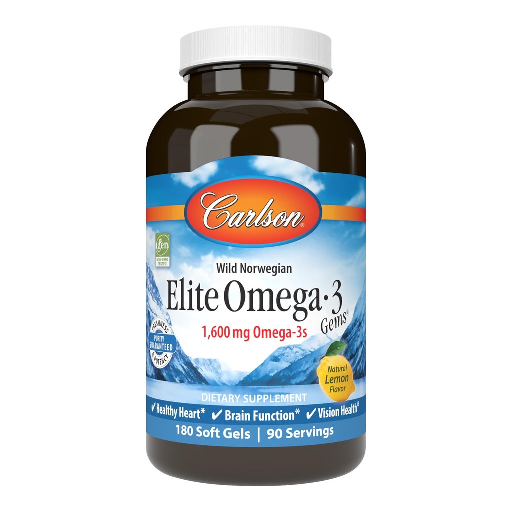 Carlson - Elite Omega 3 Gems, 1600 mg Omega 3, ieskaitot EPA un DHA, norvēģu, savvaļas zivju eļļas papildinājums, Ilgtspējīgi Sourced, Lemon, 180 Softgels