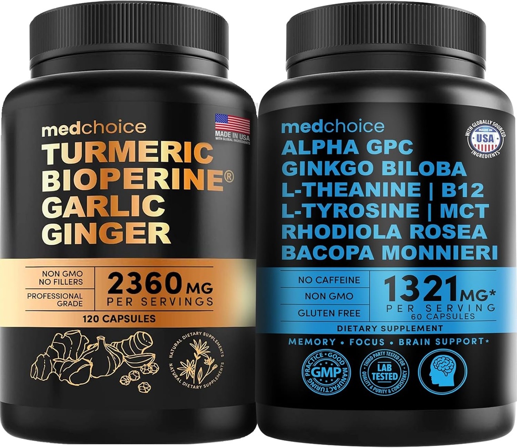 MEDCHOICE Turmeric & Ginger (120ct) un Nootropic Brain (60ct) papildinājums Bundle - Wellness Duo Locītavu, Gremošanas, Smadzenes, & Mood Support - Vegan, Non-GMO, Gluten-Free