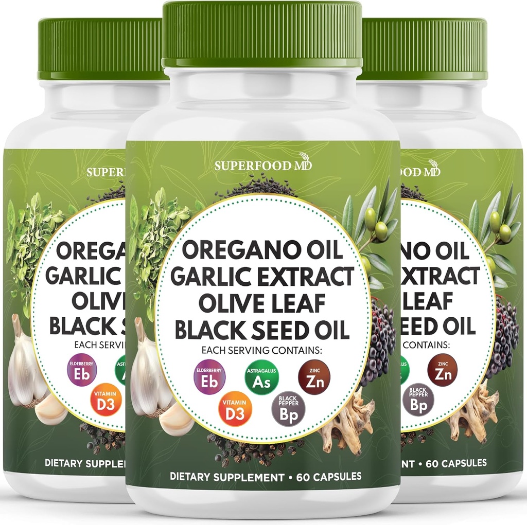 Oregano Oil Ķiploku ekstrakts Olive Leaf Black Seed Oil Astragalus - Imūnās atbalsta papildinājums sievietēm un vīriešiem - 180 grāfs