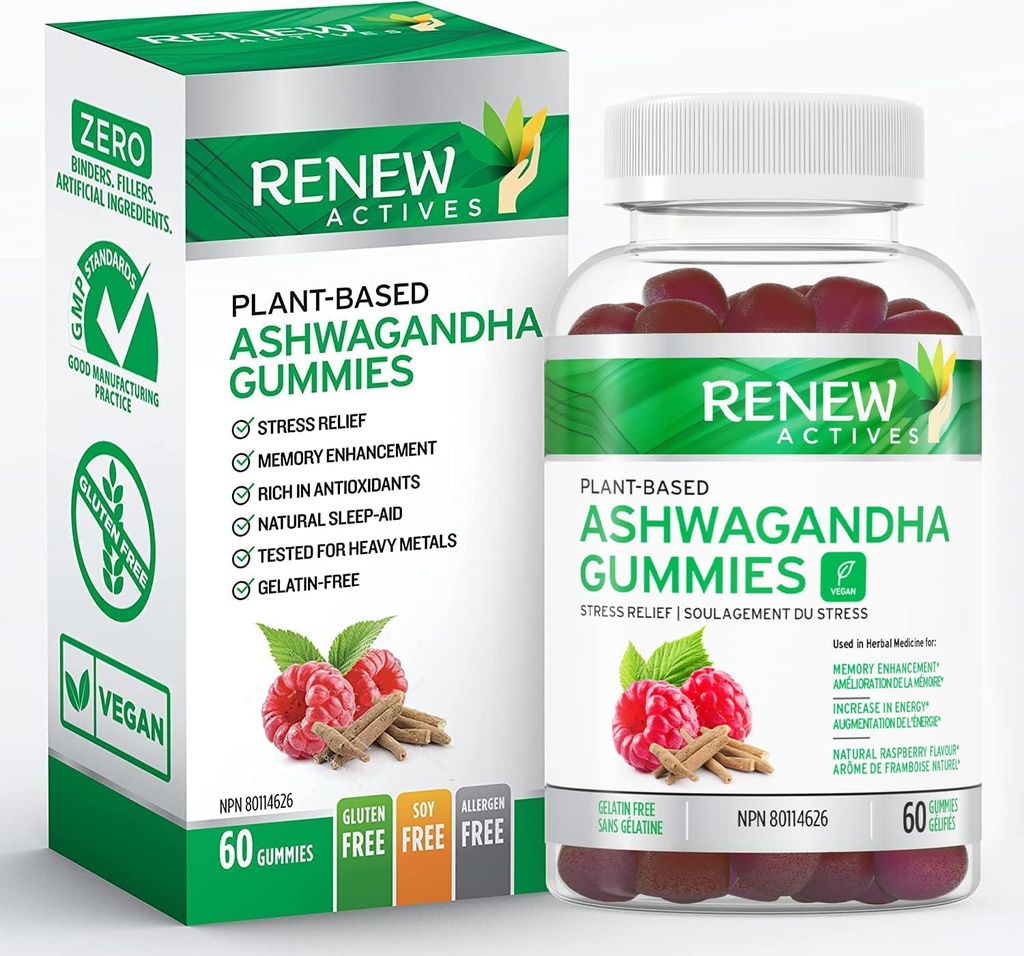 Atjaunot Actives Ashwagandha 100MG uz 4 Gummies – Atmiņa, Focus & Energy Boost – Tradicionāli izmanto kā Rejuvenative Tonic – Vegan, Herbal Adaptogen – Ražots Kanādā – 60 Gumies