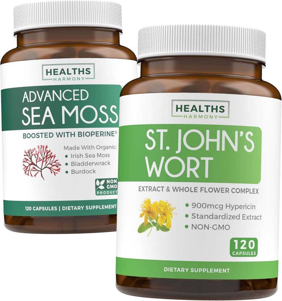 Sea Moss & St. John's Wort (2-Mēneša piegādes) Mood Moss Blend - Organic Irish Sea Moss - Raw Vegan Papildinājums (120 Caps) & St. John's Wort with Powerful 900mcg Hipericīns Vegan Ne-GMO (120 Kapsulas)