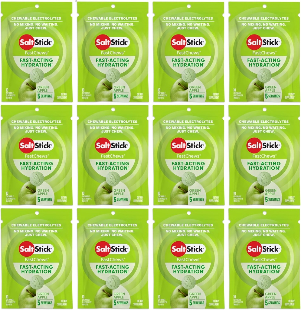 SaltStick Elektrolītu FastChews - 120 Count Green Apple Flavor - Elektrolītu Tabletes Hidrācijai, Sāls Tabs - 10 Count (12 iepakojums)