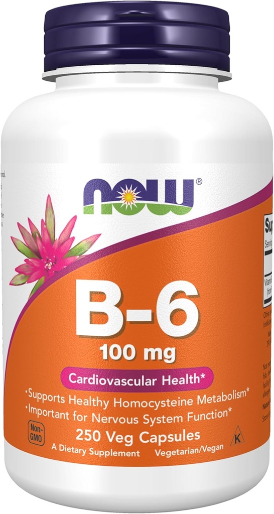 B-6 vitamīna (piridoksīna hidrohlorīds) 100 mg, sirds un asinsvadu veselība, 250 Veg kapsulas