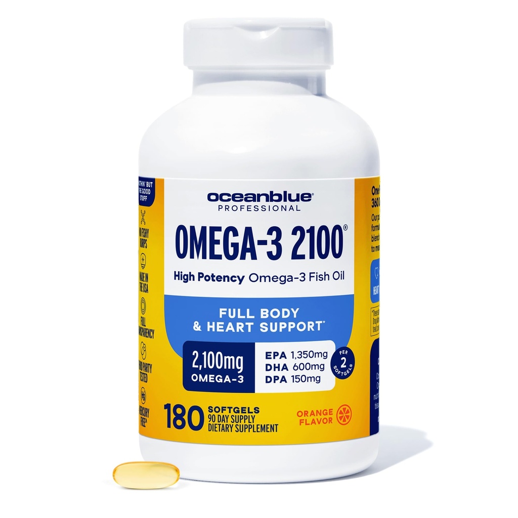Okeanblue Professional Omega-3 2100 – 180 ct – Triple Strength Burpless Fish Oil Papildinājums ar augstas porcijas EPA, DHA, DPA – Savvaļā nozvejota – Orange Flavor (90 Servējumi)
