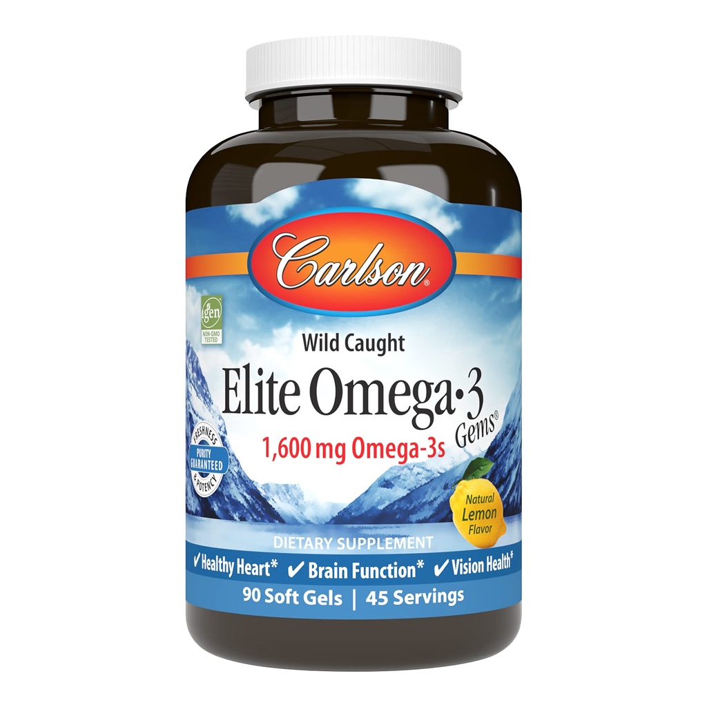 Carlson Elite Omega 3 Gems, 1600mg Omega 3s ar EPA un DHA, savvaļas Norvēģijas zivju eļļu, citronu Flavor, 90 softgeliem