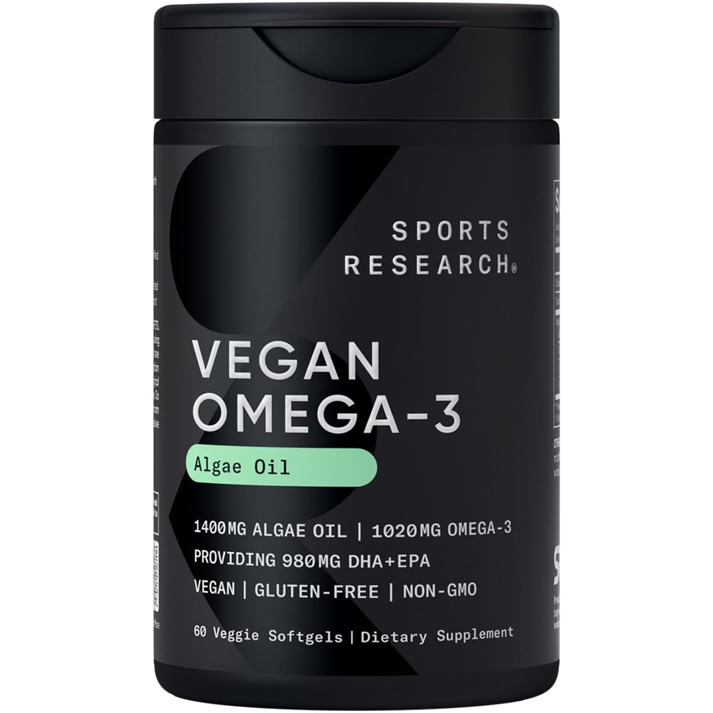 Sporta pētījumi Vegan Omega 3 Zivju eļļa Alternatīva no Aļģu eļļas - augstākie līmeņi Vegan DHA & EPA Taukskābes   - Non-GMO Tested & Vegan Sertificēts - 60 Veggie Softgels (Carrageenan Free)