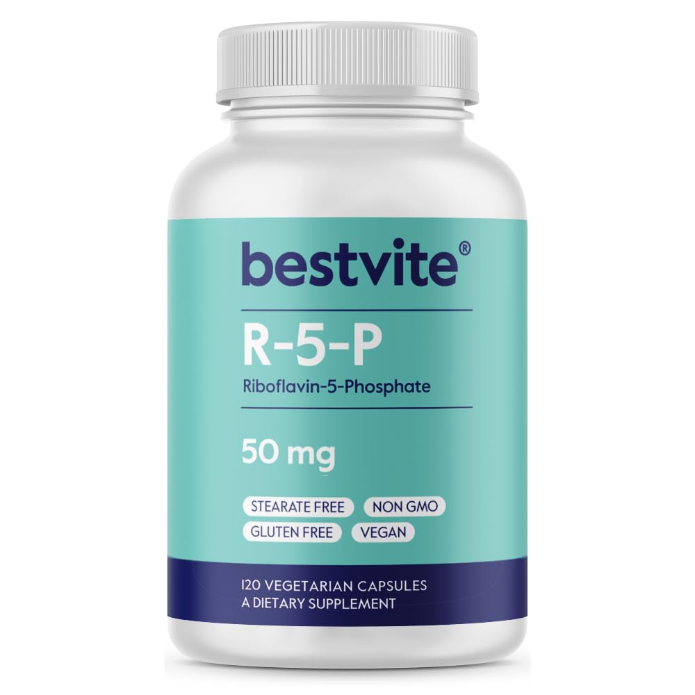 BESTVITE Riboflavīn-5-fosfāts 50mg (120 Veģetārās kapsulas) - Nē Stearāti - Vegāns - neĢMO - bez lipekļa - B2 vitamīna bioaktīvā forma