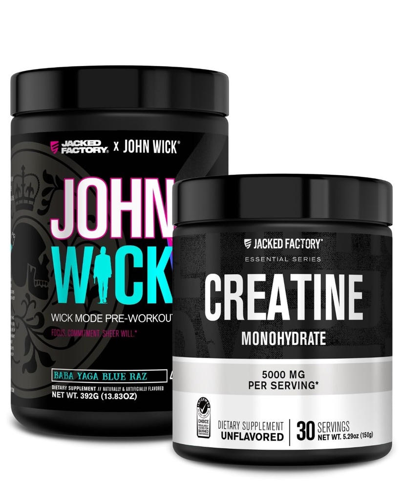 Jacked Factory X John Wick - Wick Mode Pre Workout pulveris (Baba Yaga Blue Raz, 40 Servējumi) un kreatīnmonohidrāta pulveris (Neuzliesmots, 30 Servē)