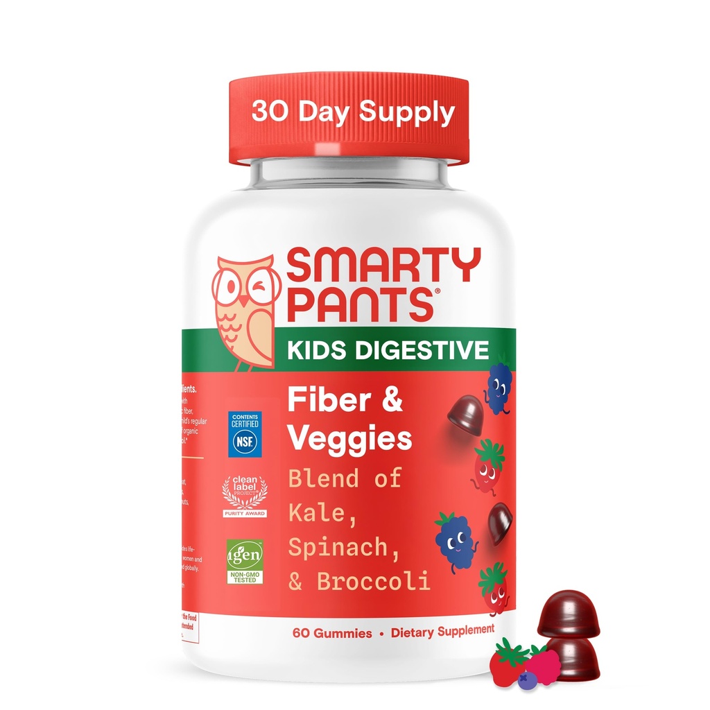 SmartyPants Kids Fiber & Veggies: Prebiotic Fiber Gummies for Kids, Fiber Papildinājums ar inulīnu, Organic Green Veggie Blend, Vegan, bez glutēna, jauktu ogu Flavor, 60 grāfs (30 dienu piegādes)