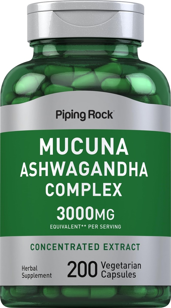 Piping Rock Mucuna Ashwagandha 3000mg - 200 Kapsulas - Komplekss ekstrakts sievietēm un vīriešiem - , Veģetārs, nav GMO, bez lipekļa