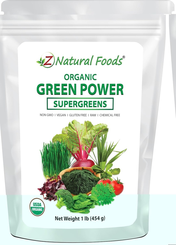 Z Natural Foods Organic Greens Superfood Powder - Miežu zāle, kviešu zāle, Spirulīna, Spinach, Broccoli, Alfalfa Leaf, Bišu saknes, Tomātu, Dulse & Moringa - Raw Vegan Gluten Free - 1lb