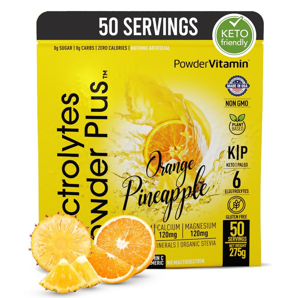 Elektrolītu pulveris Plus (50 Servē), 0 Calorie Keto, 0 Cukurs, Nr Maltodekstrīns, 1000mg Kālija,120mg Kalcijs,120mg Magnija, hidrācijas pulveris (50 Servē, apelsīnu ananasu)