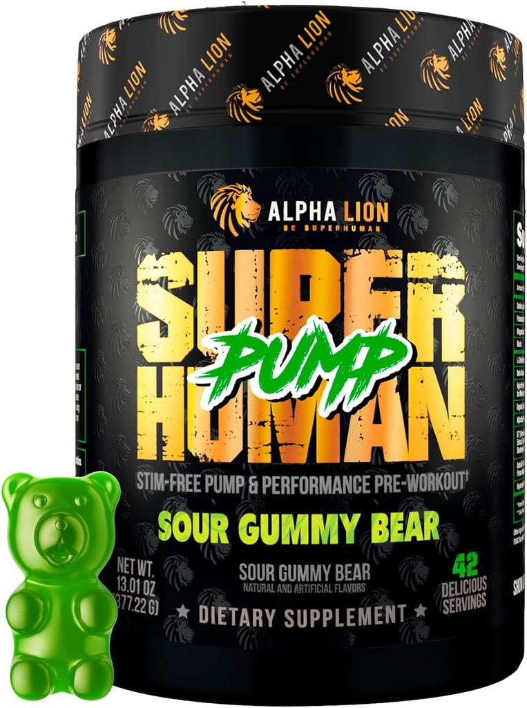 ALPHA LION Superhuman sūknis pirms treniņa pulveris, nootrops kofeīns un bez laika pirms treniņa papildinājums, slāpekļa oksīda pastiprinātājs, muskuļu Gainer, enerģija un fokuss (42 Kalpo, Skābās gumijas lācis)