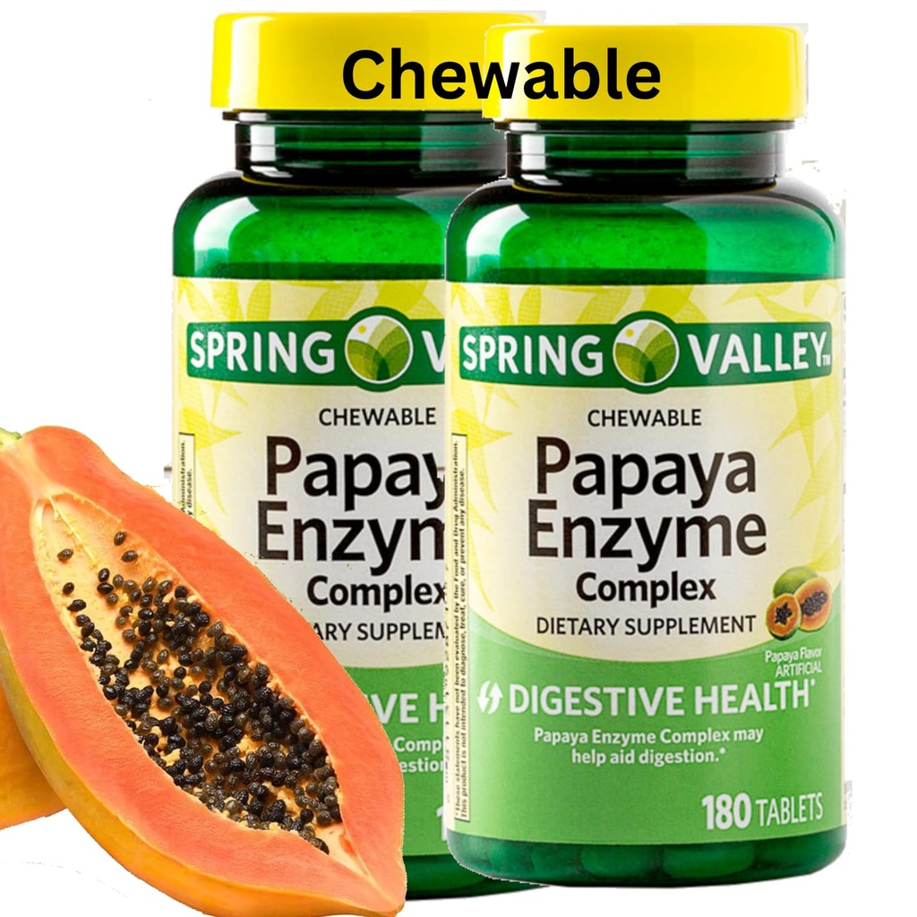 Spring Valley Papaya Enzīmi košļājamā - 360 Vegan tabletes, Bromelain Jauna formula Gremošanas palīglīdzeklis