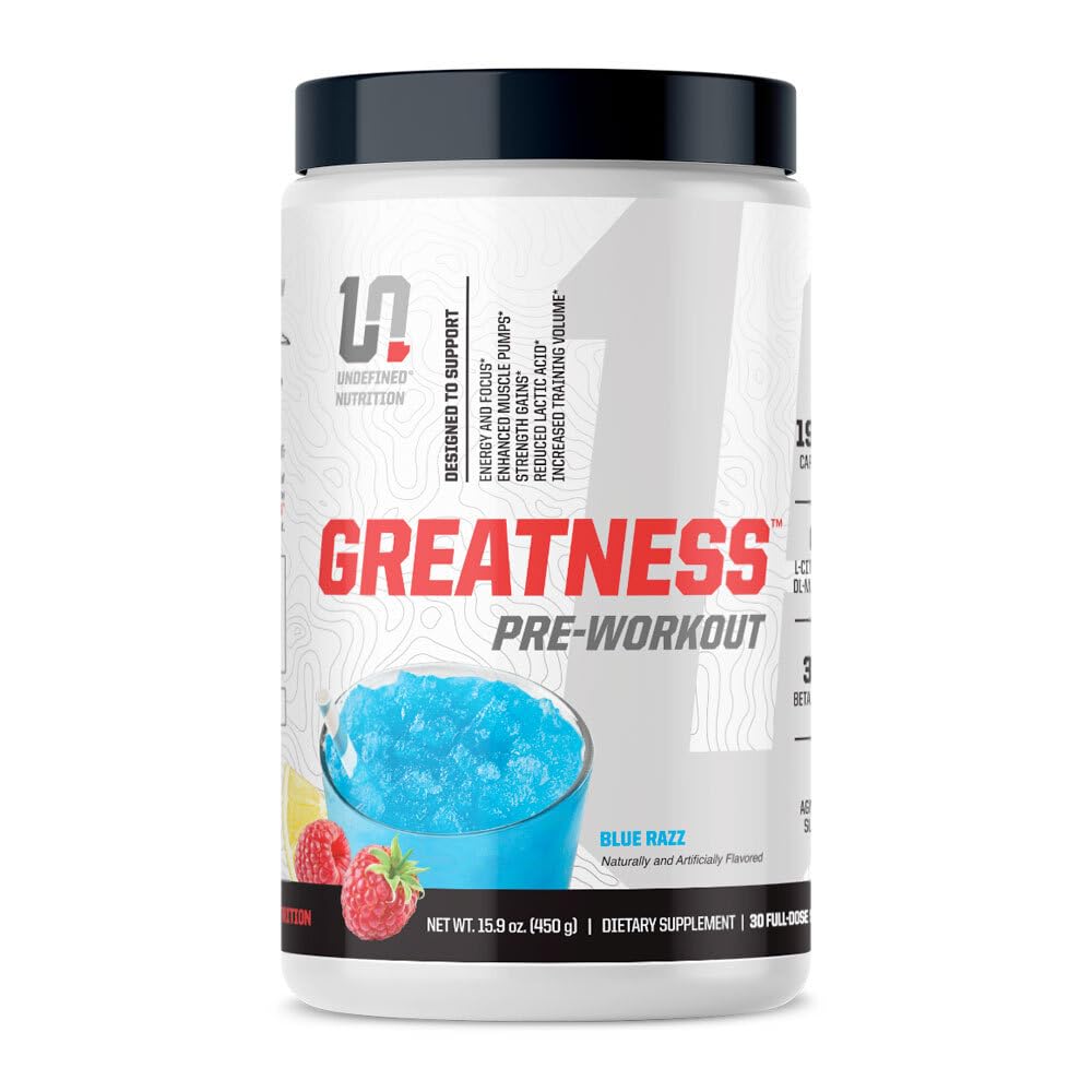 Nedefinēts uzturs Greatness Pre-Workout by Brian Shaw (30 Servings) – 6 g Citrulline Malate & 3.2 g Beta Alanine labākiem sūkņiem, enerģija, Focus un spēks vīriešiem un sievietēm (15,9 Oz, Blue Razz)