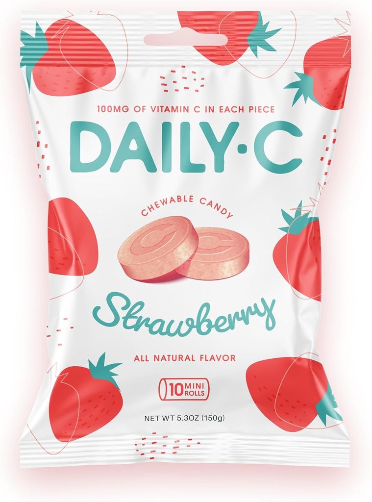 Daily-C košļājamā vitamīns C zemeņu košļājamās konfektes --100MG C vitamīna katrā klucī --- atvesti uz jums ar Iconic Candy (Zemenes, 5.3oz Peg Bag)