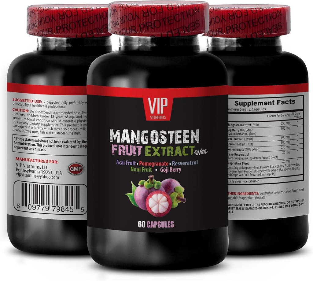 Smadzenes un atmiņas jaudas palielināšana - MANGOSTEEN AUGĻU EKSTRAKTS AR ACAI AUGĻIEM, POMEGRANĀTI, RESVERATROL, NONI AUGĻI, GOJI BERRY, Mangosteen piedevas, antioksidantu piedevas sievietēm, 1 Pudele 60 Caps
