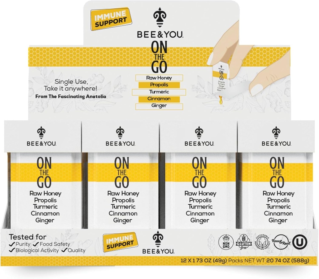 Bišu un jūs uz Go, Imūnās atbalsta papildinājums, Raw Honey, Propolisa, Turmeric, Cinnamon, Ginger, Superfrood, Great Tasting, bērniem un pieaugušajiem, 12 Pack, 1,73 un katru