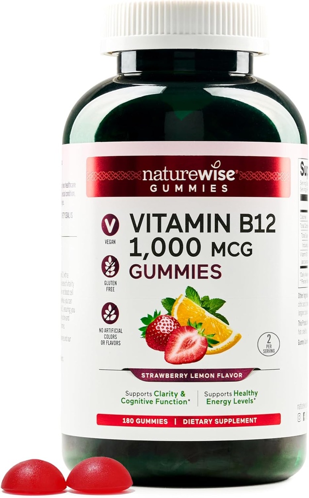 NatureWise Vitamīns B12 Gumijas pieaugušajiem, 1000 μg - zemeņu citronu Flavor - atbalsta ikdienas enerģiju, garīgo skaidrību, kognitīvās funkcijas - Vegan, bez lipekļa, ne-GMO - 180 Grāfs[3 mēnešu piegādes]