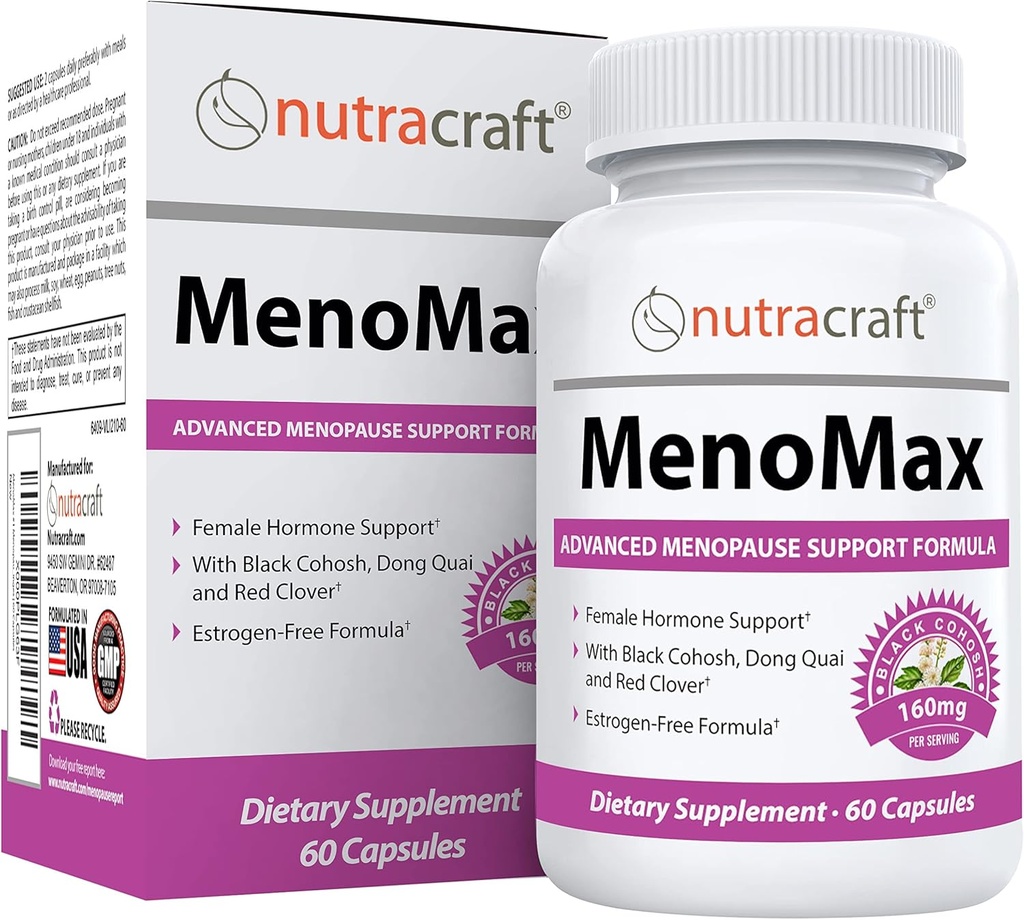 MenoMax #1 Menopauze Relief suppendment -- Black Cohosh, Dong Quai, Vitex Agnus, Red Clover, Sage, Soy un Wild Yam --- Dabisks atbalsts karstajām zibspuldzēm, nakts sviedriem, sausuma un koka šūpolēm --- 60 kapsulas