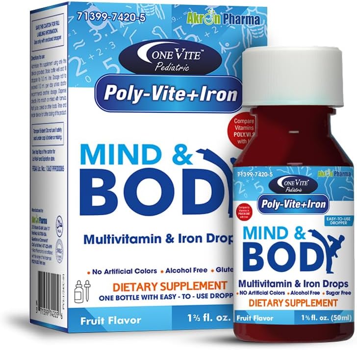 Poli-Vite+Iron Multivitamīnu dzelzs pilieni zīdaiņiem un bērniem – atbalsta spēcīgu augšanu, smadzeņu attīstību, imūno veselību – bez mākslīgām krāsām, bez lipekļa, 50ml piliena pudele ar vienu vītu
