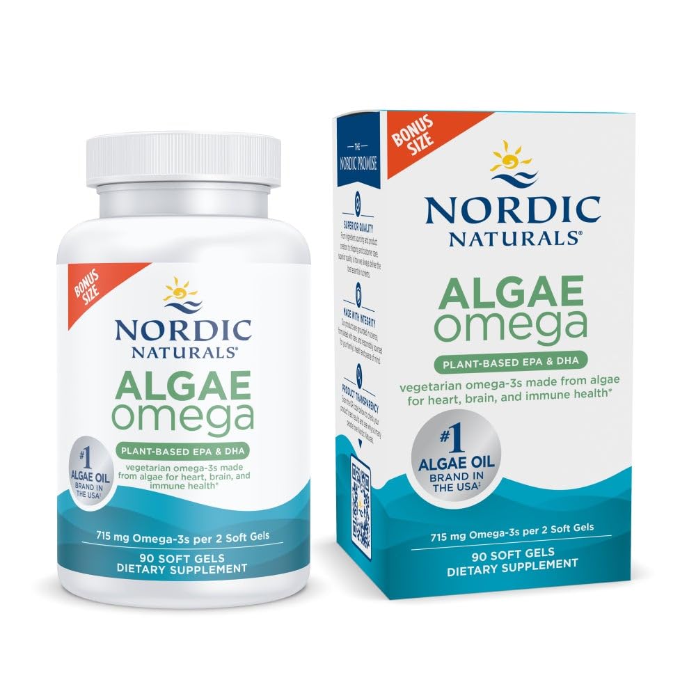 Nordic Naturals Aļģes Omega - 90 Mīkstie želejas - 715 mg Omega-3 - Sertificēta Vegan Algae eļļa - Augu bāzes EPA & DHA - Sirds, acu, imūnā un smadzeņu veselība - ne-ĢMO - 45 Kalpo