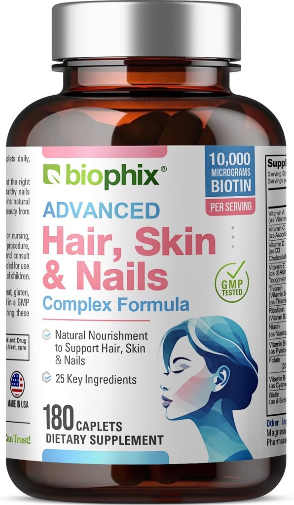 Biophix Matu ādas un nagu komplekss 180 Caplets ar 10 000 μg Biotin - Multivitamīnu Atbalsta Strong Nagi Skaista matu veselīgu novecošanu