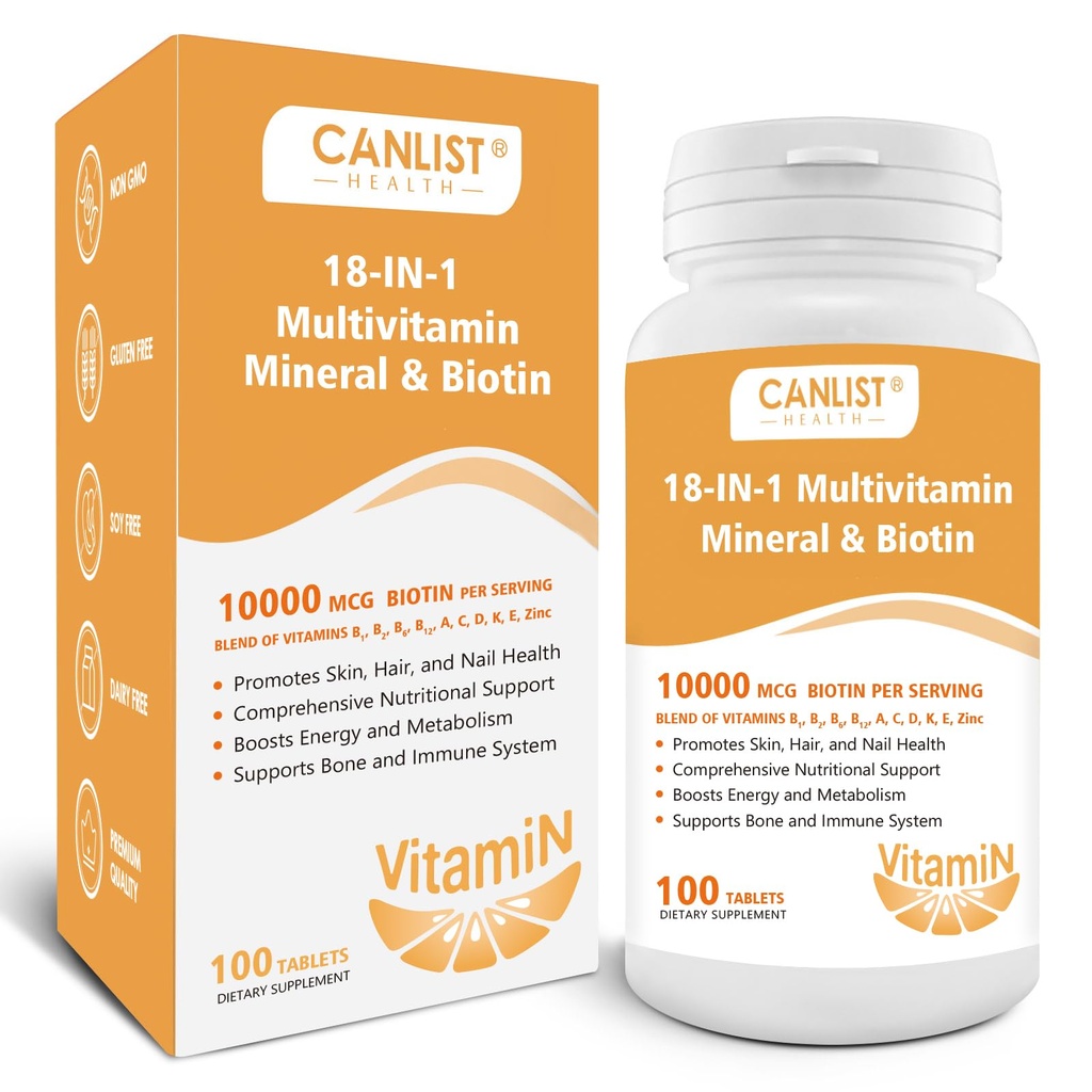 Matu āda un naglas Multivitamīns vīriešiem un sievietēm, 10000mkg Biotīns un multiminerāls, Satur B-vitamīnus, C vitamīnus, E & D3, Cinka minerālvielas, bezglutēna, bez piena, sojas, 100 tabletes