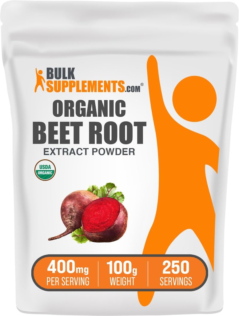 BulkSupplements.com Organic Beet Root Extract Powder - Bišu saknes pulveris, Slāpekļskābes oksīda papildinājums - nesatur veganu un glutēnu, 400mg uz vienu Kalpotāju, 100g (3.5 oz) (1. iepakojums)