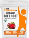 BulkSupplements.com Organic Beet Root Extract Powder - Bišu saknes pulveris, Slāpekļskābes oksīda papildinājums - nesatur veganu un glutēnu, 400mg uz vienu Kalpotāju, 100g (3.5 oz) (1. iepakojums)