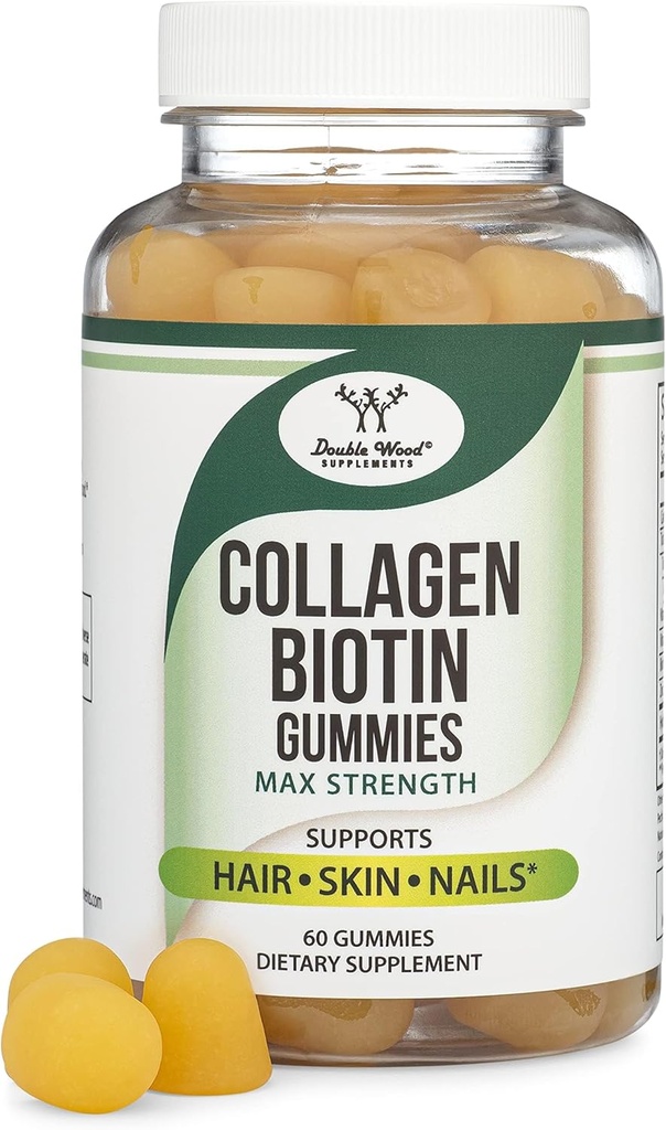 Kolagēns Gummies sievietēm Atbalsta Novecošana (Max Strength - Pastiprināta ar Biotin, C vitamīns, Cinka, un E vitamīns (Longevity sievietēm un vīriešiem) 60 Mati, āda, un nagu Vitamīni (Non-GMO) ar Double Wood