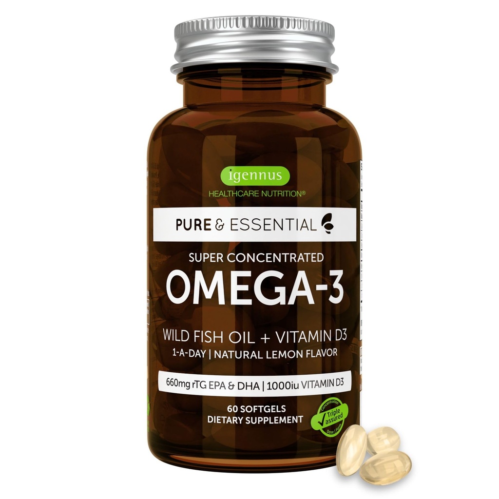 Igennus Advanced rTG Omega-3 IFOS Sertificēta savvaļas zivju eļļa un D3 vitamīns, 1-a-diena, taukskābes, EPA un DHA, ātri iedarbojošos triglicerīdu forma, Ultra Pure & Non-GMO, 60 Softgels