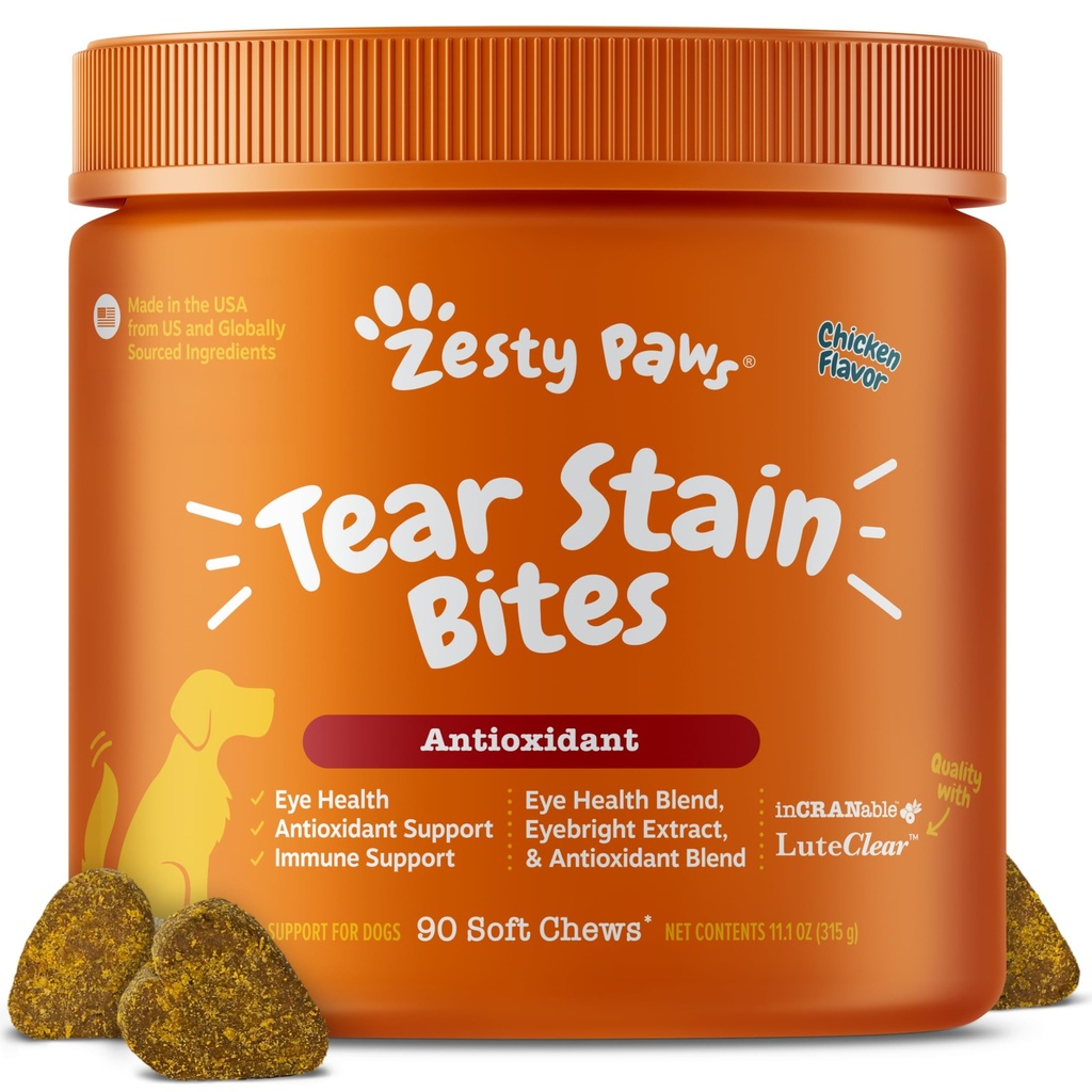 Zesty Paws Tear Stain Support Soft Chews for Dogs - acu mitrumam + redzes un imūnās sistēmas atbalstam - Funkcionāli papildinājumi ar zivju eļļu, luteīnu, dzērveni un C vitamīnu - Vistas Flavor - 90 sn