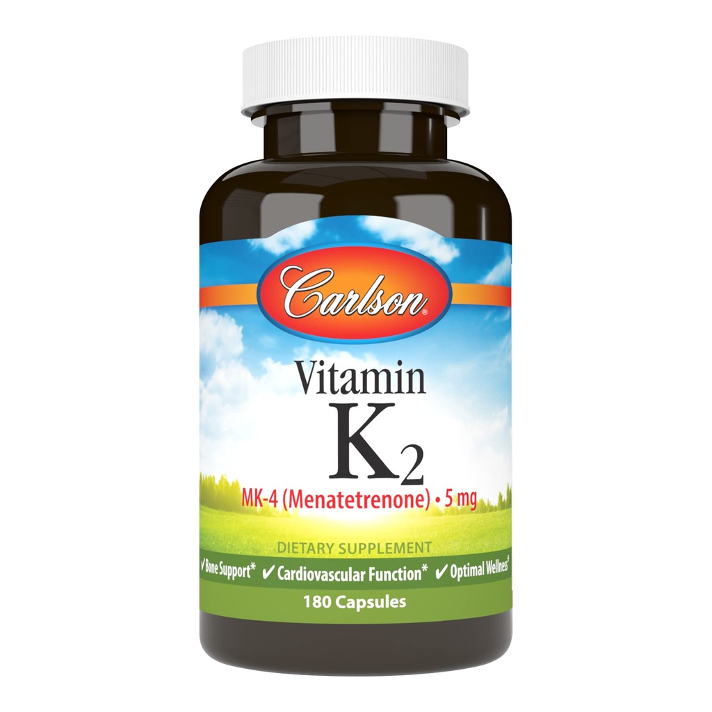 Carlson - vitamīns K2 MK-4 (Menatetrēns), 5 mg, K vitamīna papildinājums, kaulu balsts, K2 vitamīns, bez sojas, K-2 vitamīns, 180 kapsulas