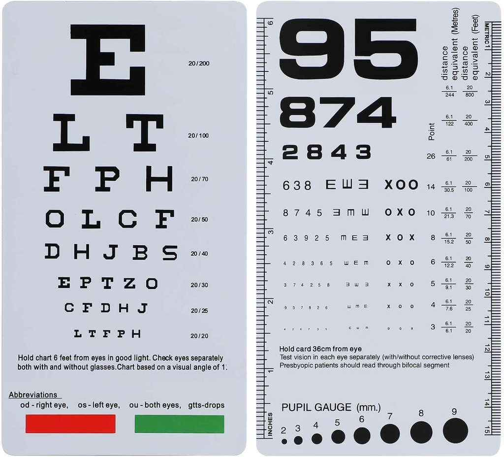 NOYOC 2 Pack Pocket Eye Chart 2 in 1 Snellen & Rosenbaum Chart, 6.5x3.5 collas, Handheld Double Sidned Plastic Low Vision Card for Eye Exams (2 Pack 6 Pet)