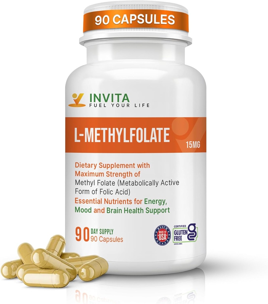 INVITA L-metilfolāts (15mg) - Profesionālā stipruma aktīvs metilfolāts - 5-MTHF papildinājums enerģijai, garastāvoklim un imūnsupportam - neĢMO, bez lipekļa, bez pildījumiem (15 mg)
