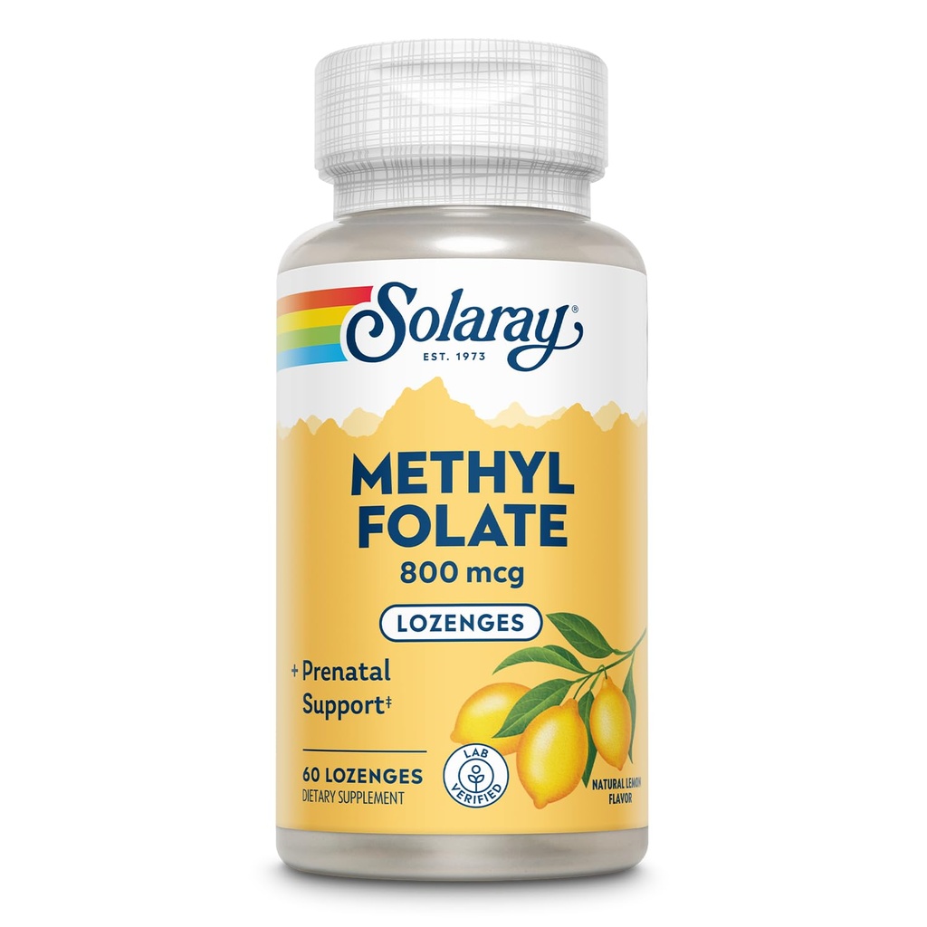 SOLARAY Metilfolāts 800 μg - 470 μg Folijskābe - 5-MTHF Prenatāli vitamīni - Dabīgie citronu uzlējumi - dabiskie saldinātāji - Lab Verified - 60 dienu garantija - 60 Kalpojumi, 60 Lozenges