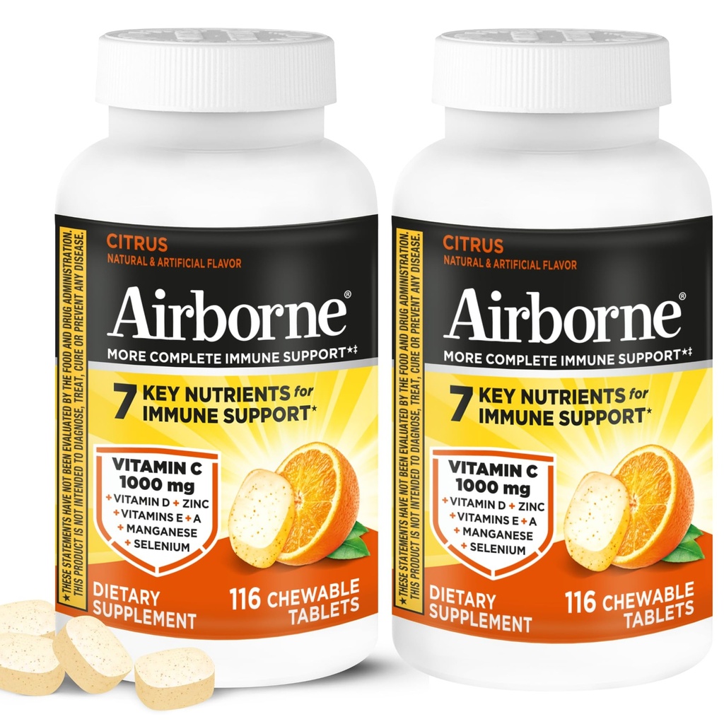 Airborne 1000mg vitamīns C + cinks Imūnās atbalsta papildinājums košļājamās tabletes, Citrus Flavor ar spēcīgiem antioksidantiem A C & E, 116 košļājamās tabletes (2 iepakojums)
