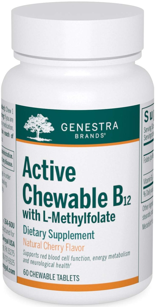 Genestra Brands Aktīvās Košļājamās B12 ar L-metilfolātu; Košļājamās B12 vitamīna un Folāta Papildinājums; 60 košļājamās tabletes;