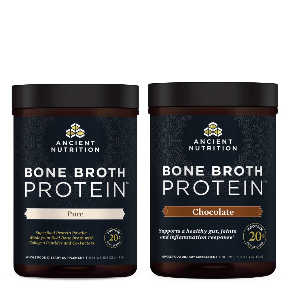 Ancient Nutrition Kaulu Broth Protein Pulveris, Pure, 20 Servings + Kaulu Broth Protein Pulveris, Šokolāde, 20 Servējumi