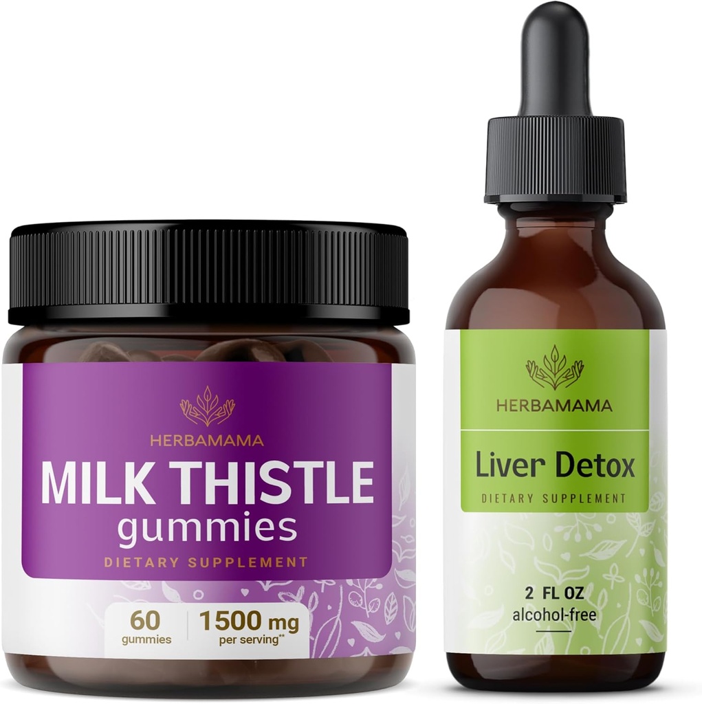 HERBAMAMA Piena un aknu atbalsta komplekss Komplekts - Piena paka Gumijas un aknas Detox šķidruma komplekss 4 fl oz - Vegan, ne-GMO, bez alkohola - 2 iepakojums
