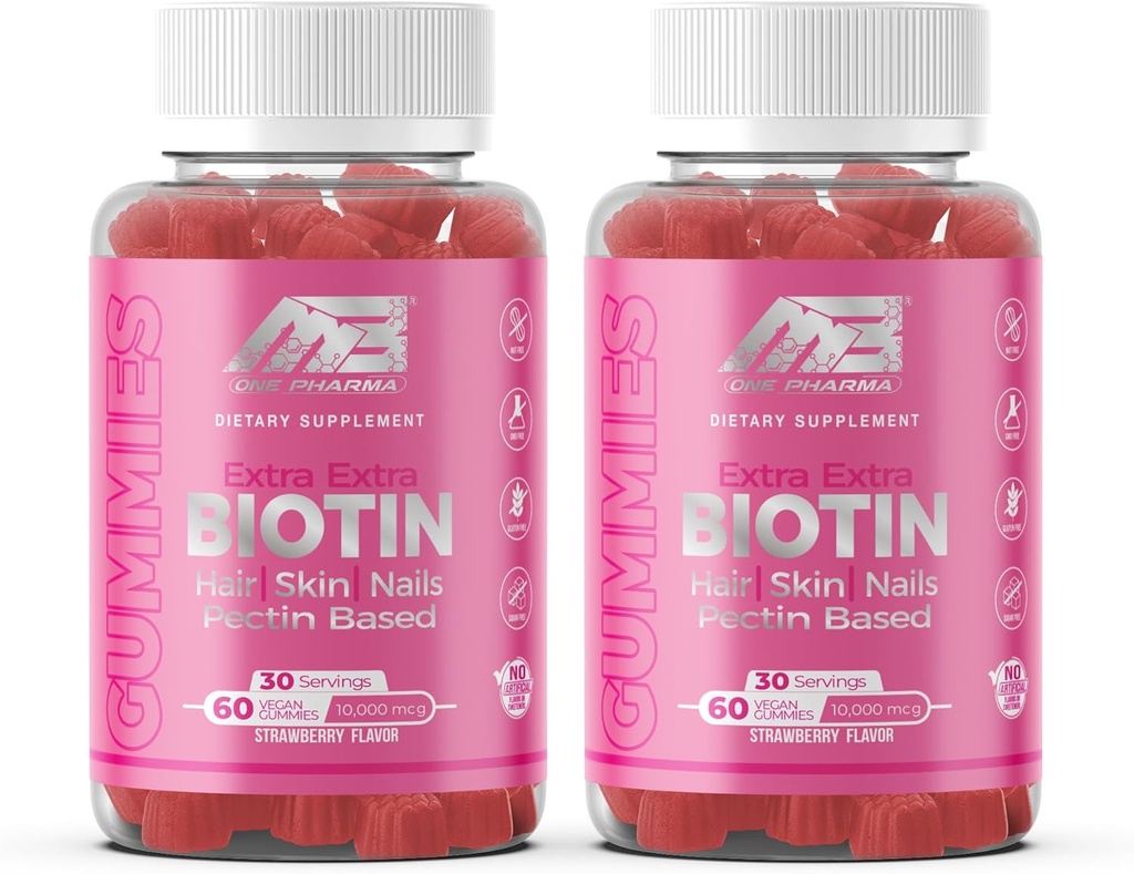 MB One Biotin Gummies-High potencial-High Hair, Ādas un nagu stiprināšana, B7 vitamīns, (10000 Mcg) Ne-ĢMO, Pectin Plant Based, bērniem un pieaugušajiem, zemeņu dabas Flavor 2 iepakojums
