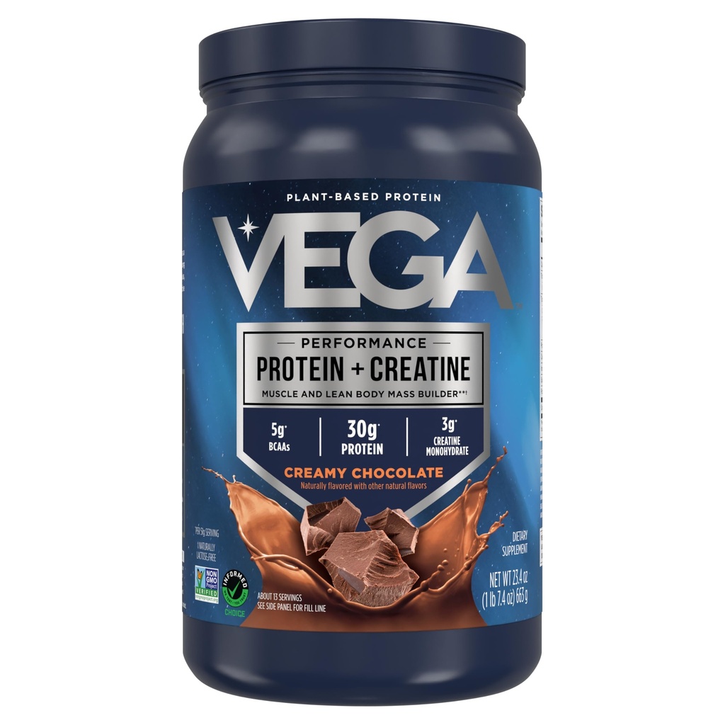 Vega Protein + kreatīns - 30g augu izcelsmes proteīns, Šokolāde, 13 Kalpojumi, 3g Kreatīns, 5g BCAAs, Vegan, Keto, Bez lipekļa, Bez piena, Zems Karbs, muskuļu augšanas un remontam, Dzērienu maisījums, 23.4oz