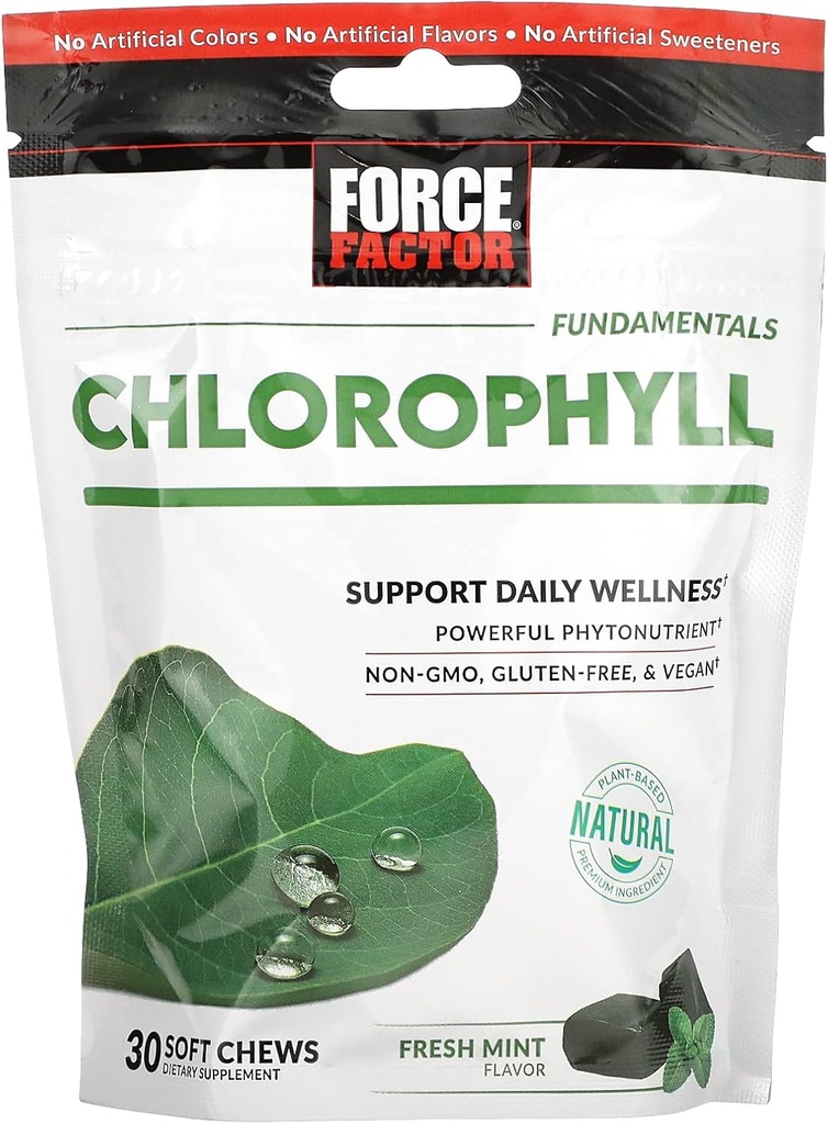 FORCE FACTOR Chlorophyll Soft Chews Antioksidanti papildinājums, lai samazinātu ķermeņa odoru, veicināt svaigu elpu, nav GMO, bez lipekļa, un vegāns, svaiga piparmētru Flavor, 30 Soft Chews, zaļa