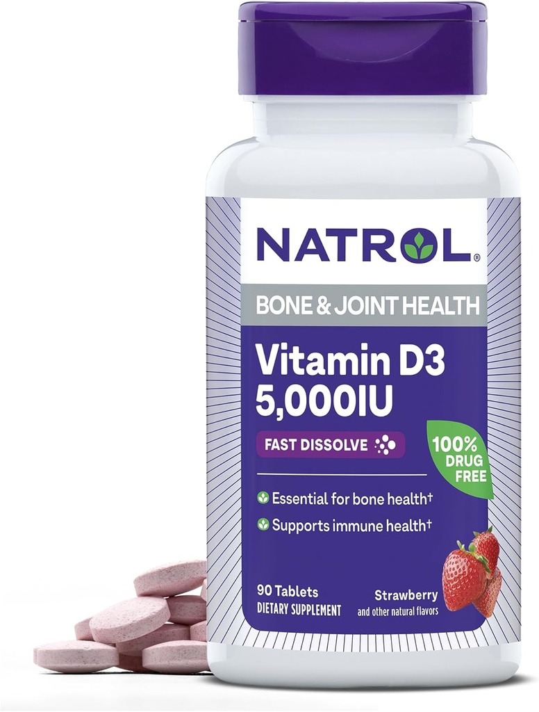 Natrol ātri izšķīdina vitamīnu D3 5 000 SV, uztura papildinājums kaulu un locītavu veselībai, kaulu atbalsta papildinājums, 90 tabletes, 90 dienu piegādes